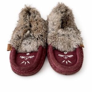 Laurentian Chief Moccasins Burgundy Suede Fur Trim Beaded Slippers Size 8
